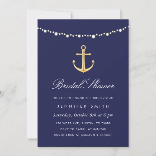Nautical Anchor Bridal Shower Invitation Navy Gold