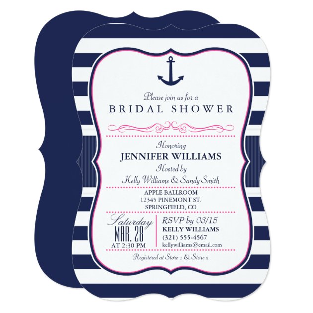 Nautical Anchor Bridal Shower; Navy & Pink Invitation