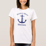 Nautical Anchor Bride's Mate Bachelorette Party T-Shirt<br><div class="desc">Your bridesmaids will love these coastal themed personalized nautical T shirts with the word "Bride's Mate" written above the anchor and their name below it. This design features a detailed drawing of a navy blue anchor with rope. Fun for your bachelorette party.</div>