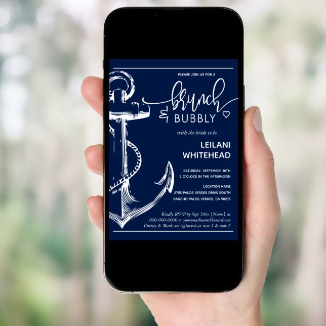 Nautical Anchor Brunch Bubbly Bridal Shower Navy Invitation (Front Digital)