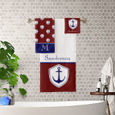 Monogram Burgundy Maroon Dark Red White Bath Towel Set, Zazzle