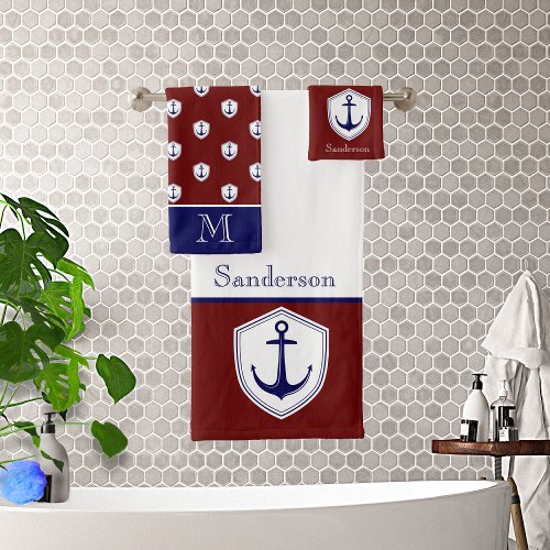 Nautical Anchor Burgundy Bathroom Ocean Navy Bath  Bath Towel Set