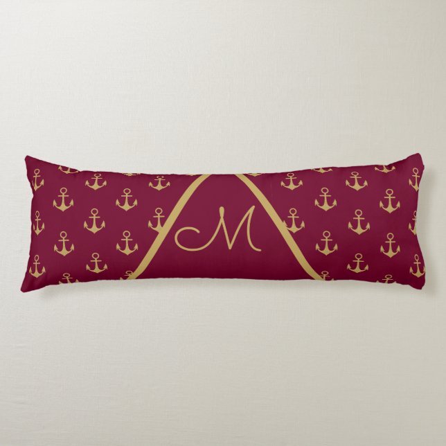 Nautical Anchor Burgundy Red Monogram Body Pillow (Front)