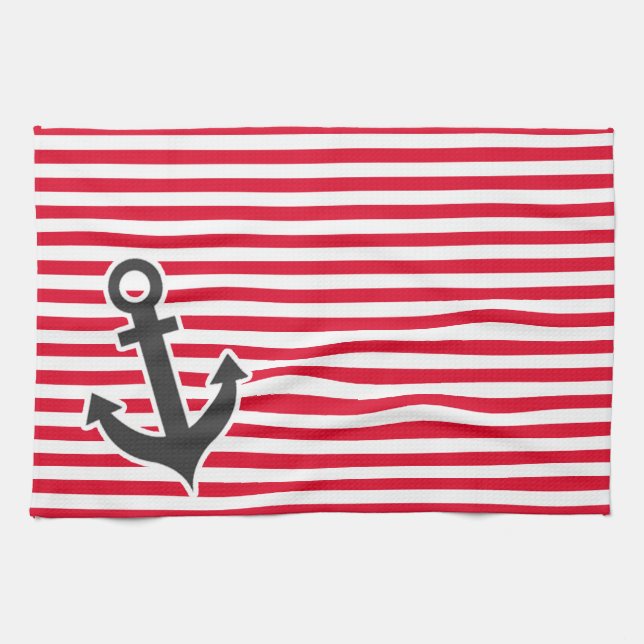 Nautical Anchor; Cadmium Red Stripes; Striped Towel (Horizontal)