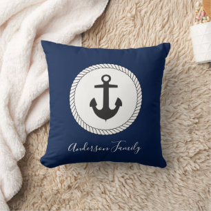 Nautical Anchor Calligraphy Family Name Throw Pillow