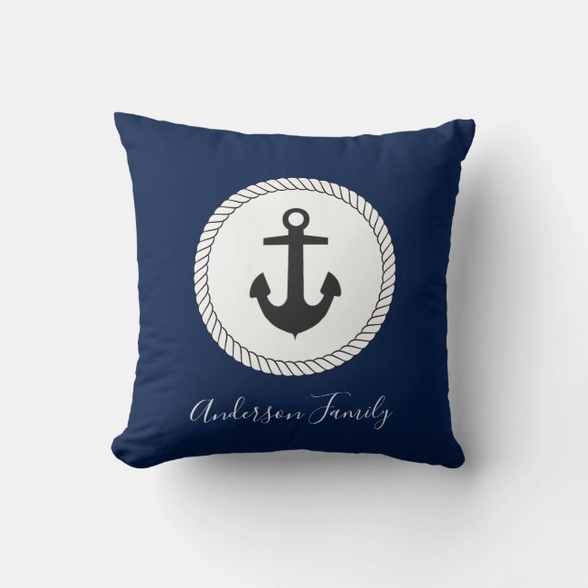 Nautical Anchor Calligraphy Family Name Throw Pillow (Front)