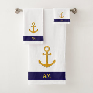 Nautical anchor & calligraphy on white & navy blue bath towel set