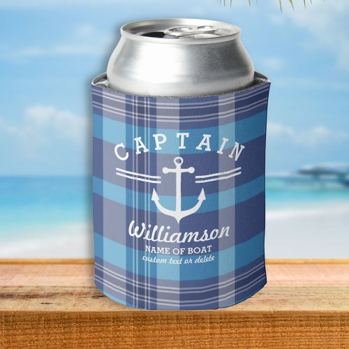 Nautical Anchor Captain and Boat Custom Name Plaid Can Cooler