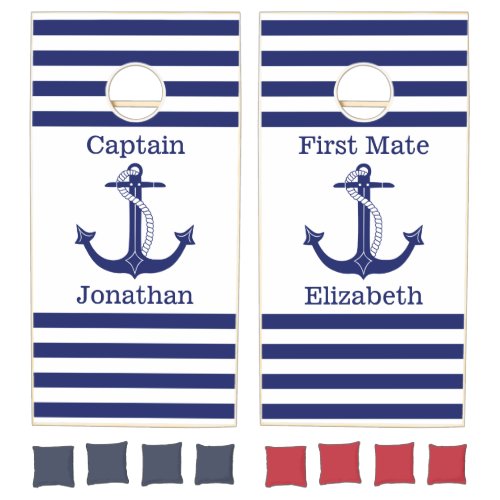 Nautical Anchor Captain and First Mate Add Names Cornhole Set