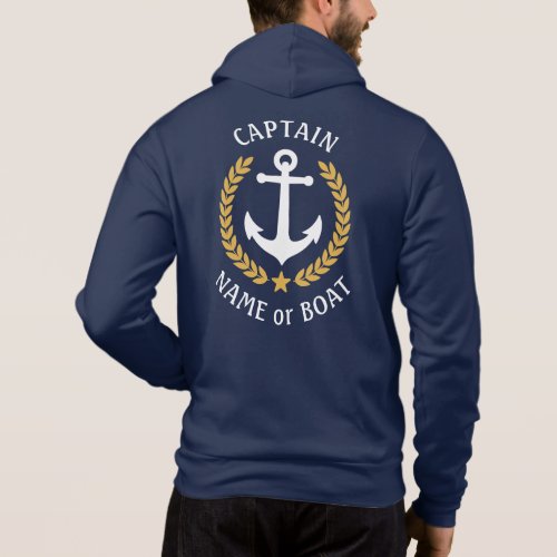 Nautical Anchor Captain Boat Name Gold Laurel Blue Hoodie