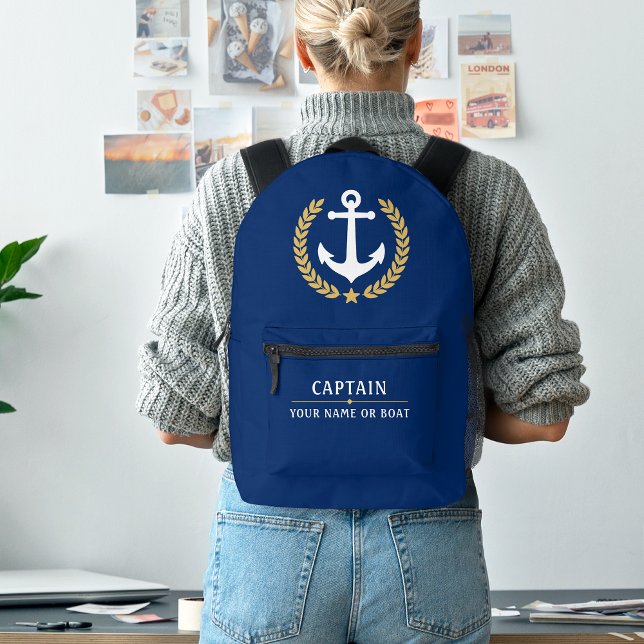 Nautical Anchor Captain Boat Name Gold Laurel Navy Printed Backpack (Creator Uploaded)