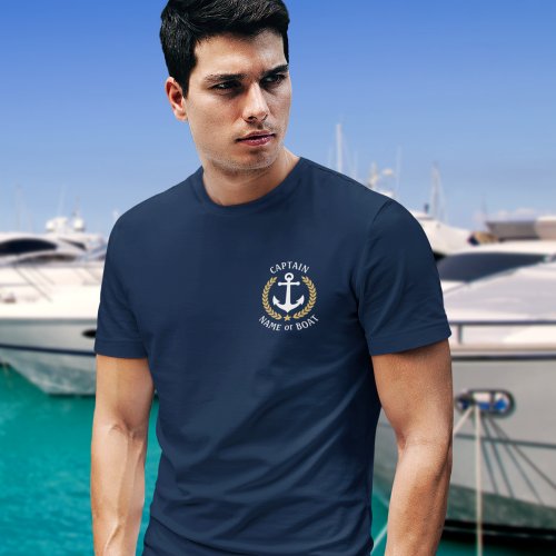 Nautical Anchor Captain Boat Name Gold Laurel Navy T_Shirt