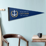 Nautical Anchor Captain Boat Name Gold Laurel Star Pennant Flag<br><div class="desc">Decorate your space with a personalized nautical and coastal decor themed pennant wall-flag, featuring your name, "Captain" and your boat or ship name or other desired text along side a custom designed boat anchor accented with gold colored laurel leaves and a star. White text on navy blue or easily customize...</div>
