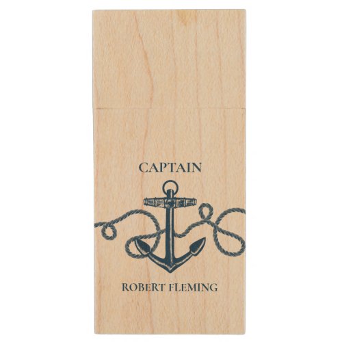 Nautical Anchor Captain Custom Name Wood Flash Drive