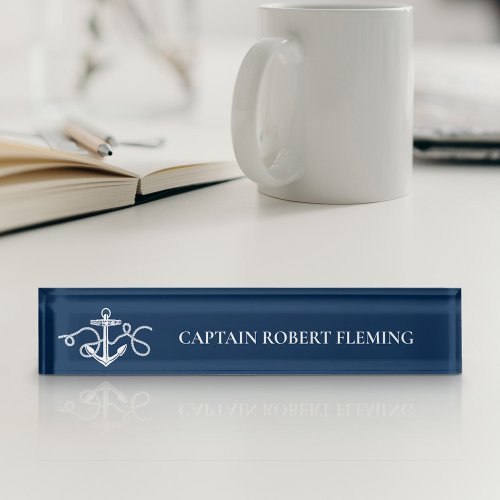 Nautical Anchor Captain Name Navy Blue Desk Name Plate
