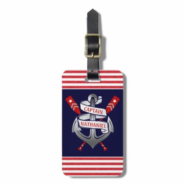 Nautical Anchor Captain Name | Navy Red Stripe Bag Tag Nautical Anchor Captain Name | Navy Red Stripe Bag Tag