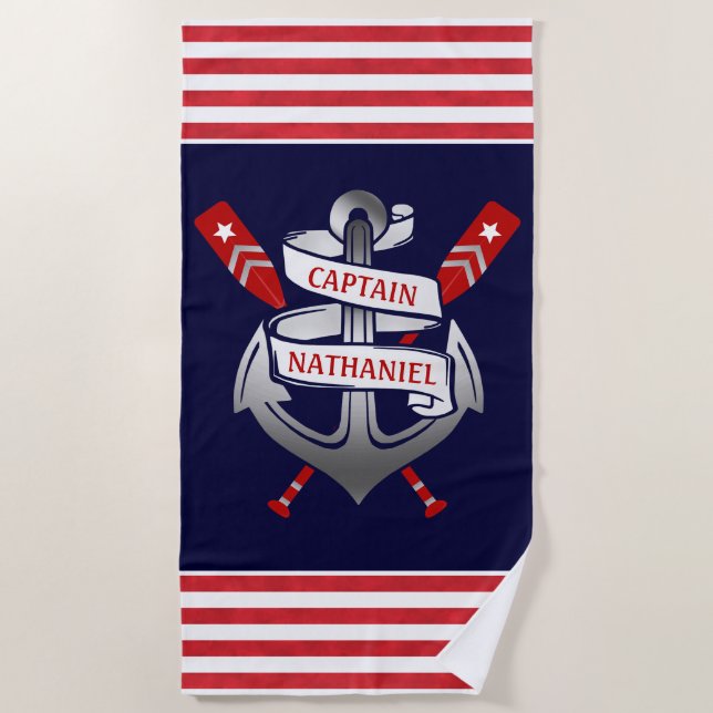 Nautical Anchor Captain Name | Navy Red Stripe Beach Towel (Front)