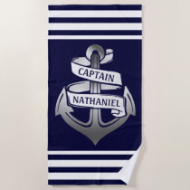 Nautical Anchor Captain Name | Navy White Stripe Beach Towel