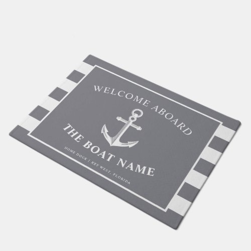 Nautical Anchor  Captain Name Slate Gray Stripes Doormat