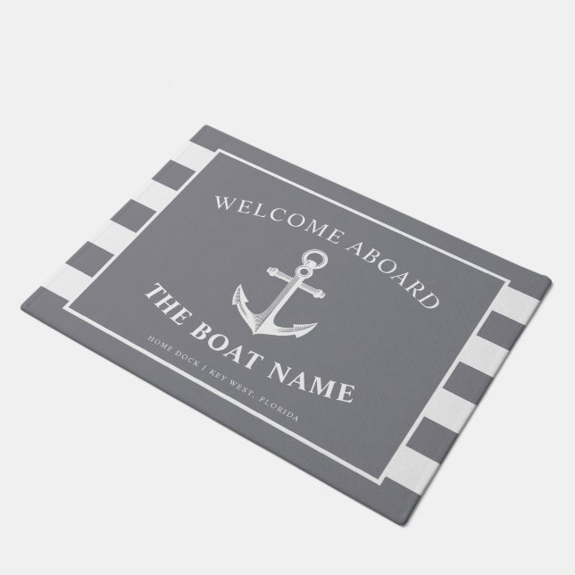 Nautical Anchor & Captain Name Slate Gray Stripes Doormat (Angled)