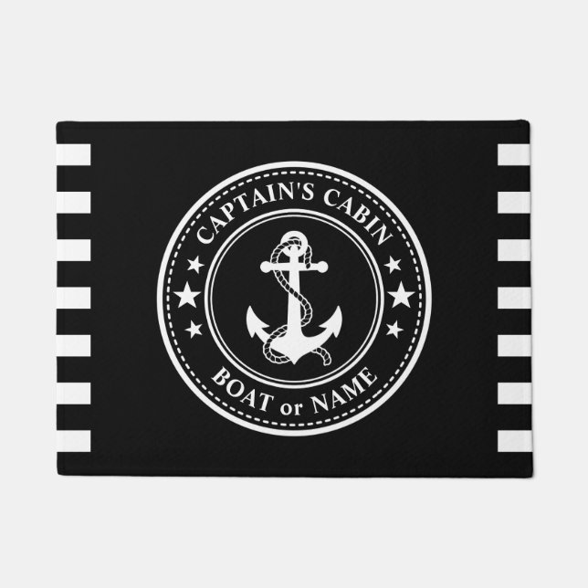 Nautical Anchor Captain's Cabin Boat Name Black Doormat (Front)