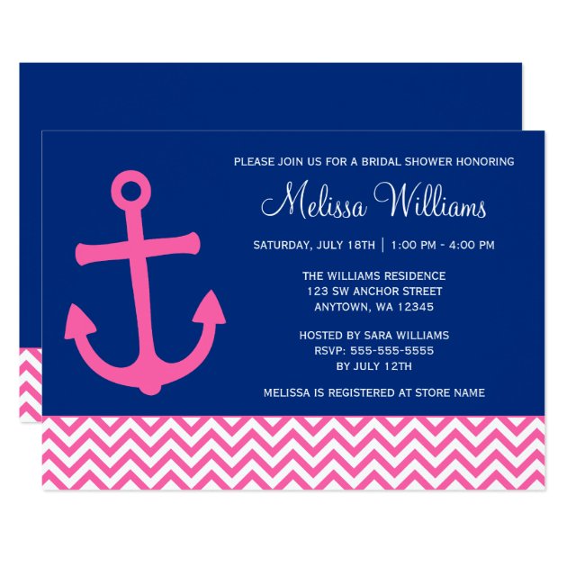 Nautical Anchor Chevron Blue Pink Bridal Shower Invitation