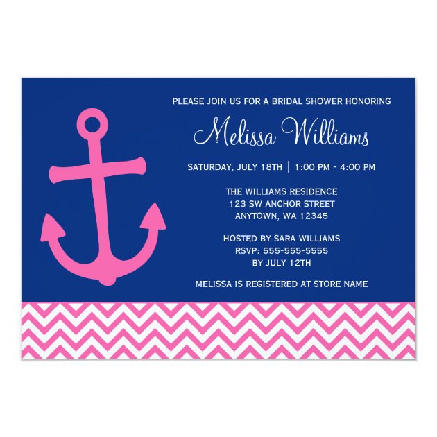 Nautical Anchor Chevron Blue Pink Bridal Shower Invitation
