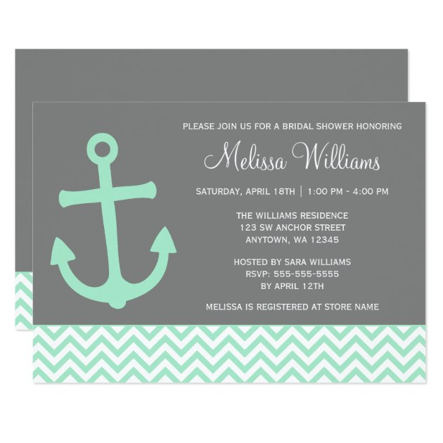 Nautical Anchor Chevron Mint Gray Bridal Shower Invitation