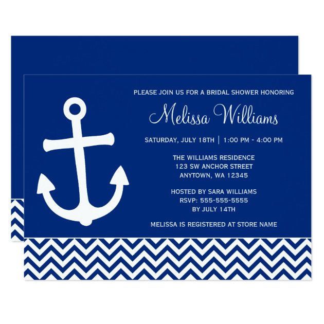 Nautical Anchor Chevron Navy Blue Bridal Shower Invitation