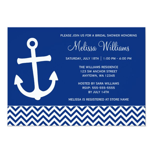 Nautical Anchor Chevron Navy Blue Bridal Shower Invitation