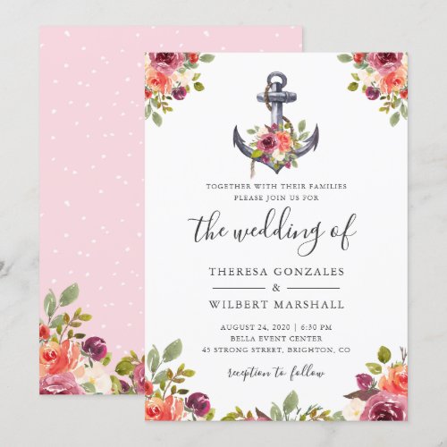 Nautical Anchor Chic Watercolor Floral Wedding Card