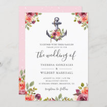 Nautical Anchor Chic Watercolor Floral Wedding Invitation