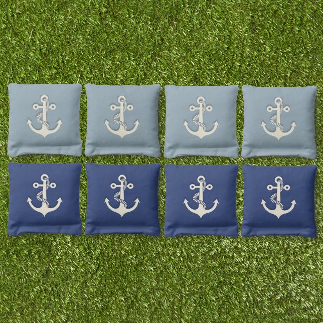 Nautical Anchor Coastal Beach Blue Family Game Cornhole Bags (Set)