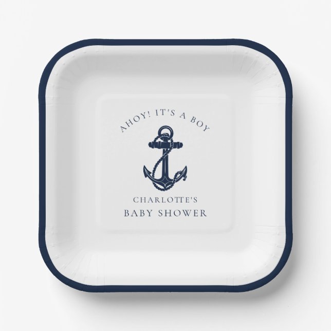 Nautical Anchor Coastal Boy Baby Shower Paper Plates (Front)