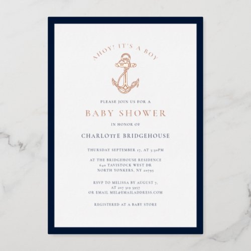 Nautical Anchor Coastal Boy Baby Shower Rose Gold Foil Invitation