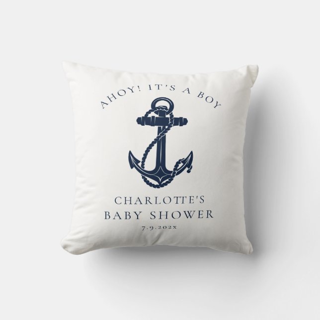Nautical Anchor Coastal Boy Baby Shower Throw Pillow (Front)