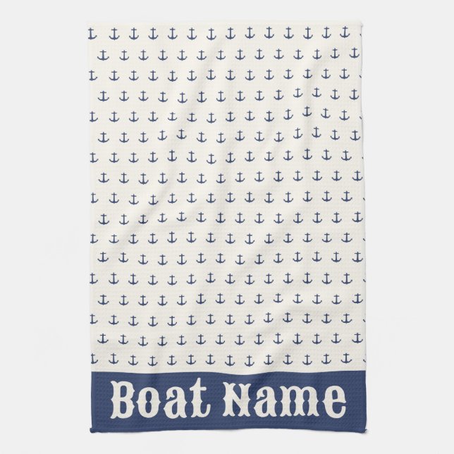 Nautical Anchor Coastal Stripes Navy Blue Cream Kitchen Towel (Vertical)