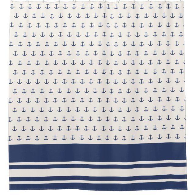 Nautical Anchor Coastal Stripes Navy Blue Cream Shower Curtain (Front)
