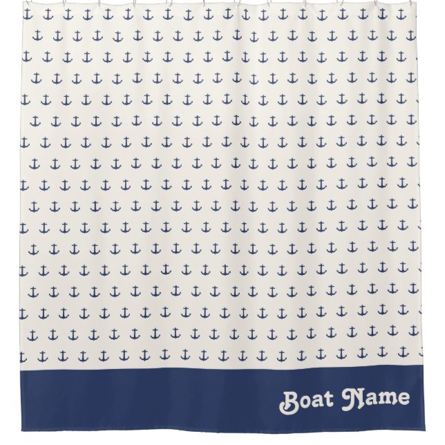 Nautical Anchor Coastal Stripes Navy Blue Cream Shower Curtain (Front)