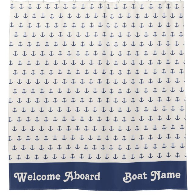 Nautical Anchor Coastal Stripes Navy Blue Cream Shower Curtain (Front)