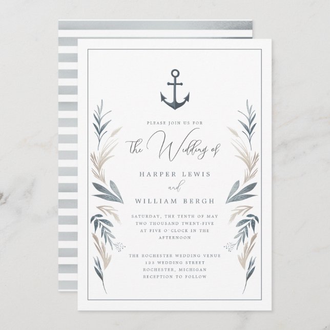 Nautical anchor coastal wedding invitation (Front/Back)