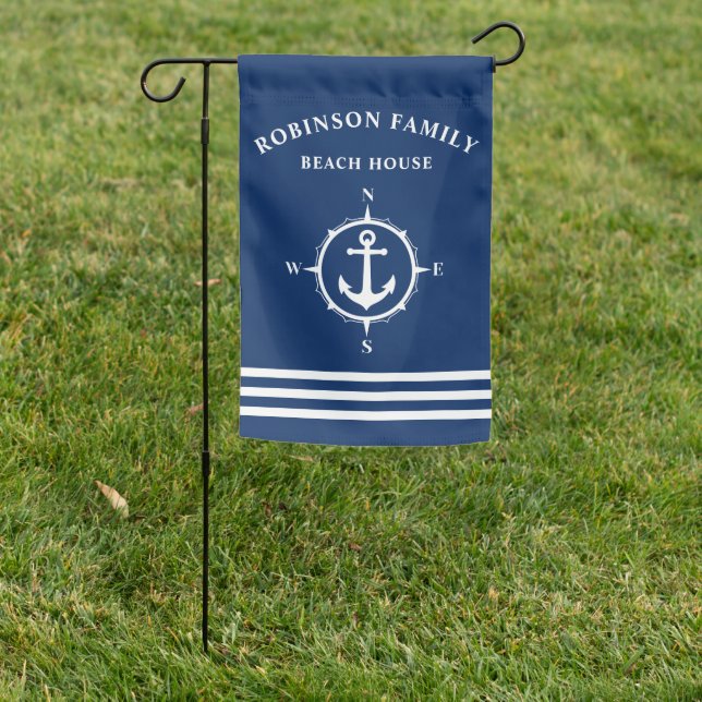 Nautical Anchor Compass Family Beach House Navy Garden Flag (In SItu)