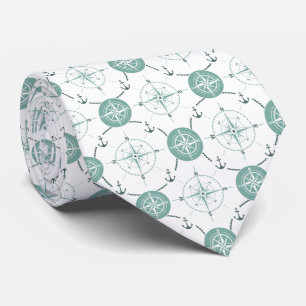 Nautical Anchor Compass sea green white ocean Neck Tie