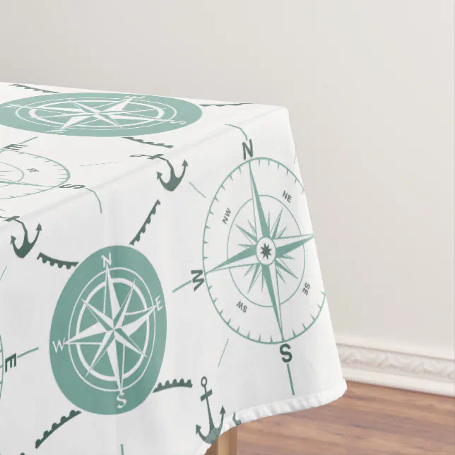 Nautical Anchor Compass sea green white ocean Tablecloth | Zazzle