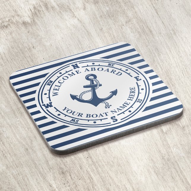Nautical Anchor Compass Striped Boat Name Beverage Coaster (Creator Uploaded)