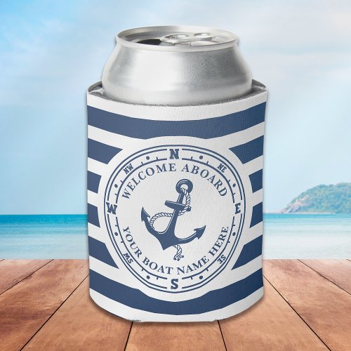 Nautical Anchor Compass Striped Boat Name Can Cooler
