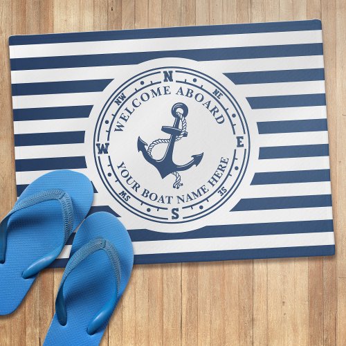 Nautical Anchor Compass Striped Boat Name Doormat