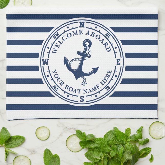 Nautical Anchor Compass Striped Boat Name Kitchen Towel (Folded)