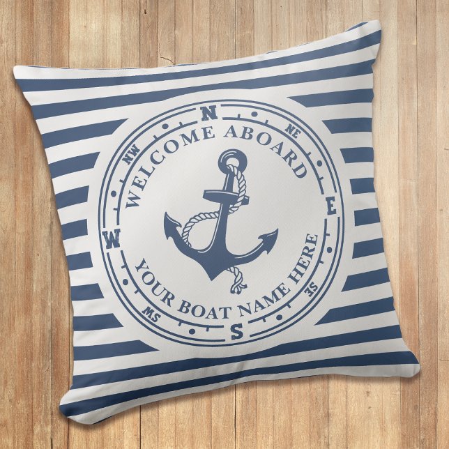 Nautical Anchor Compass Striped Boat Name Outdoor Pillow (Creator Uploaded)