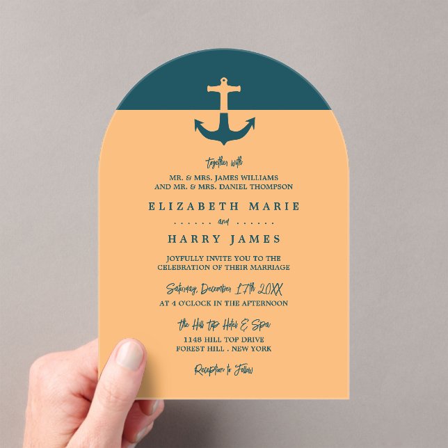 Nautical Anchor - Coral Blue - Beach Wedding Acrylic Invitations (Insitu (Handheld))